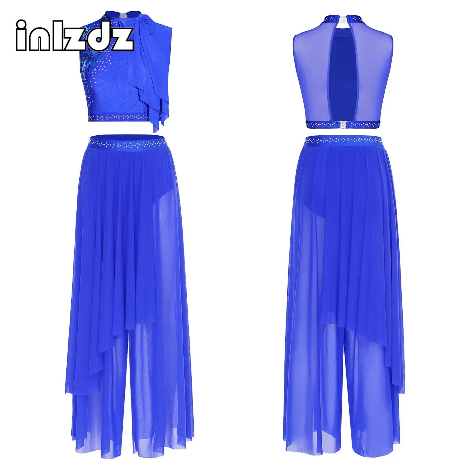 

Women Lyrical Dance Outfit Sequin Embroidery Bow Sleeveless Back Hollow Out Crop Top+Briefs Pants Modern Contemporary Dancewear