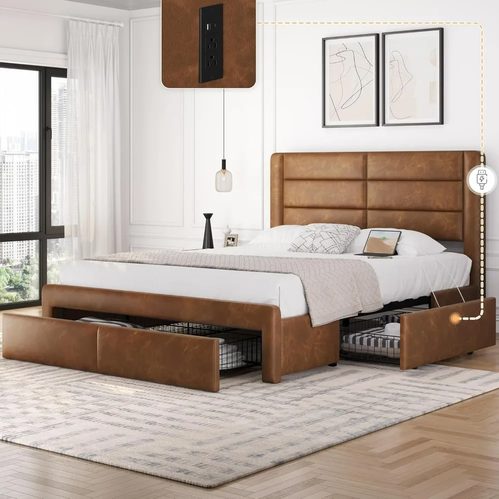 Queen Bed Frame with 2 USB Charging Stations/Port for Type A&Type C/3 Storage Drawers,Leather Upholstered Platform Bed