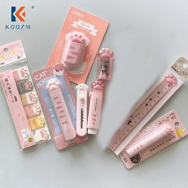 1Set Cat Paw Pencil Case Cute Stationery Set Sharpener Correction Tape Kawaii Eraser Papeleria Ruler Pencil Box School Supplies