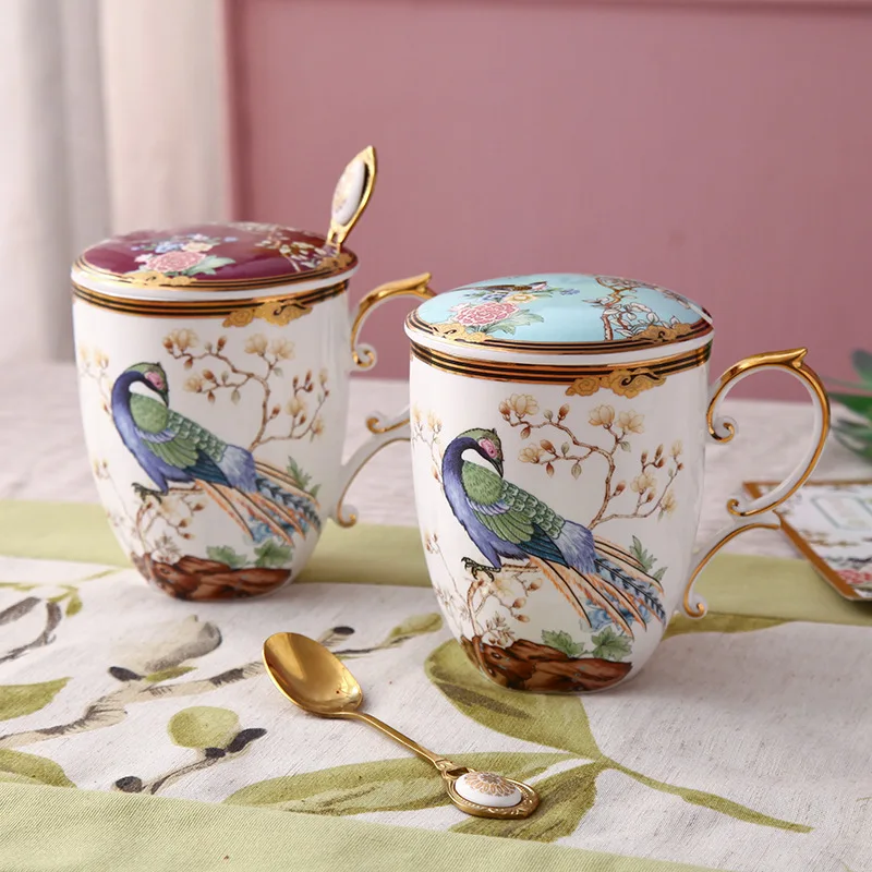 

Hxl ceramic mug with lid and spoon - bone china tea cup for office and home use