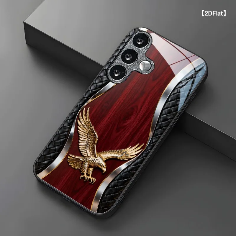 2D flat golden eagle pattern glass phone case suitable for Samsung Galaxy S26 S25 S24 S22 S21 S20 FE/Ultra/Plus anti drop