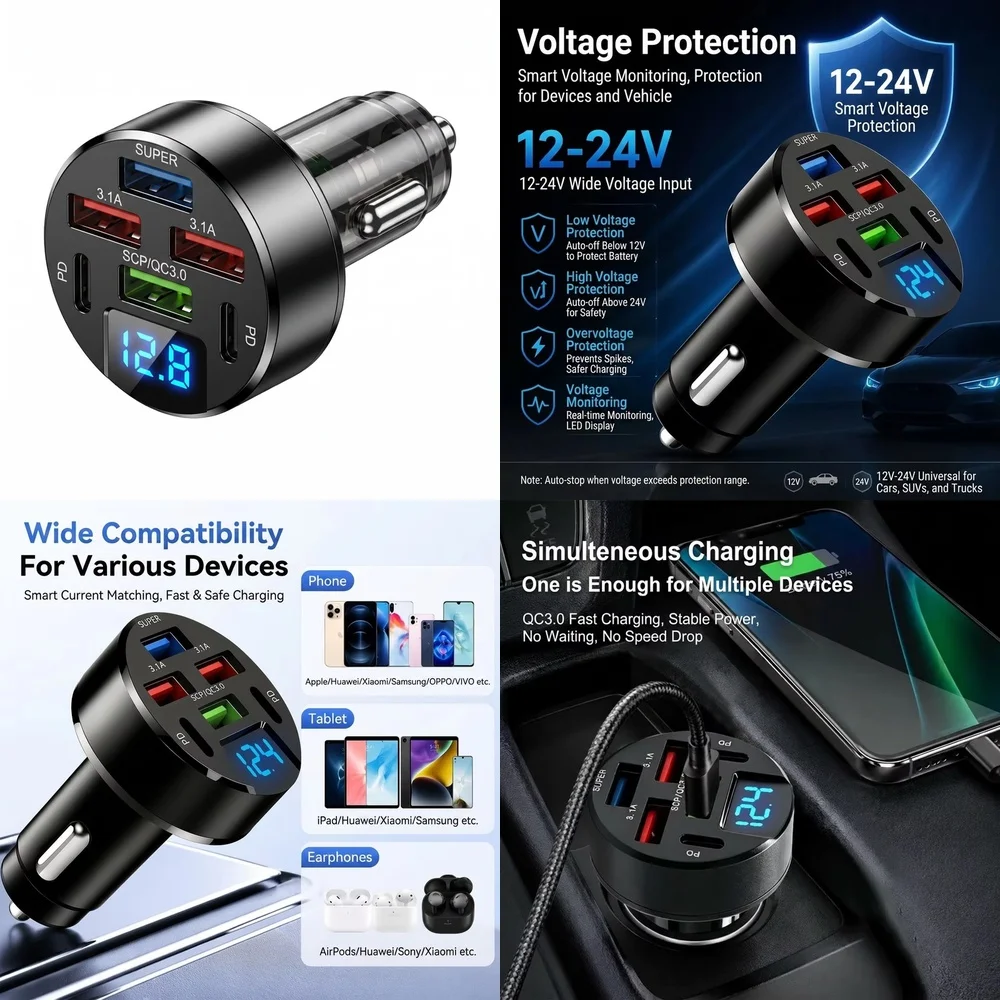 6 Port Car Fast Charger Multi Port 100W with LED Digital Voltage Display QC3.0 PD USB for iPhone Samsung Xiaomi Huawei Tablet