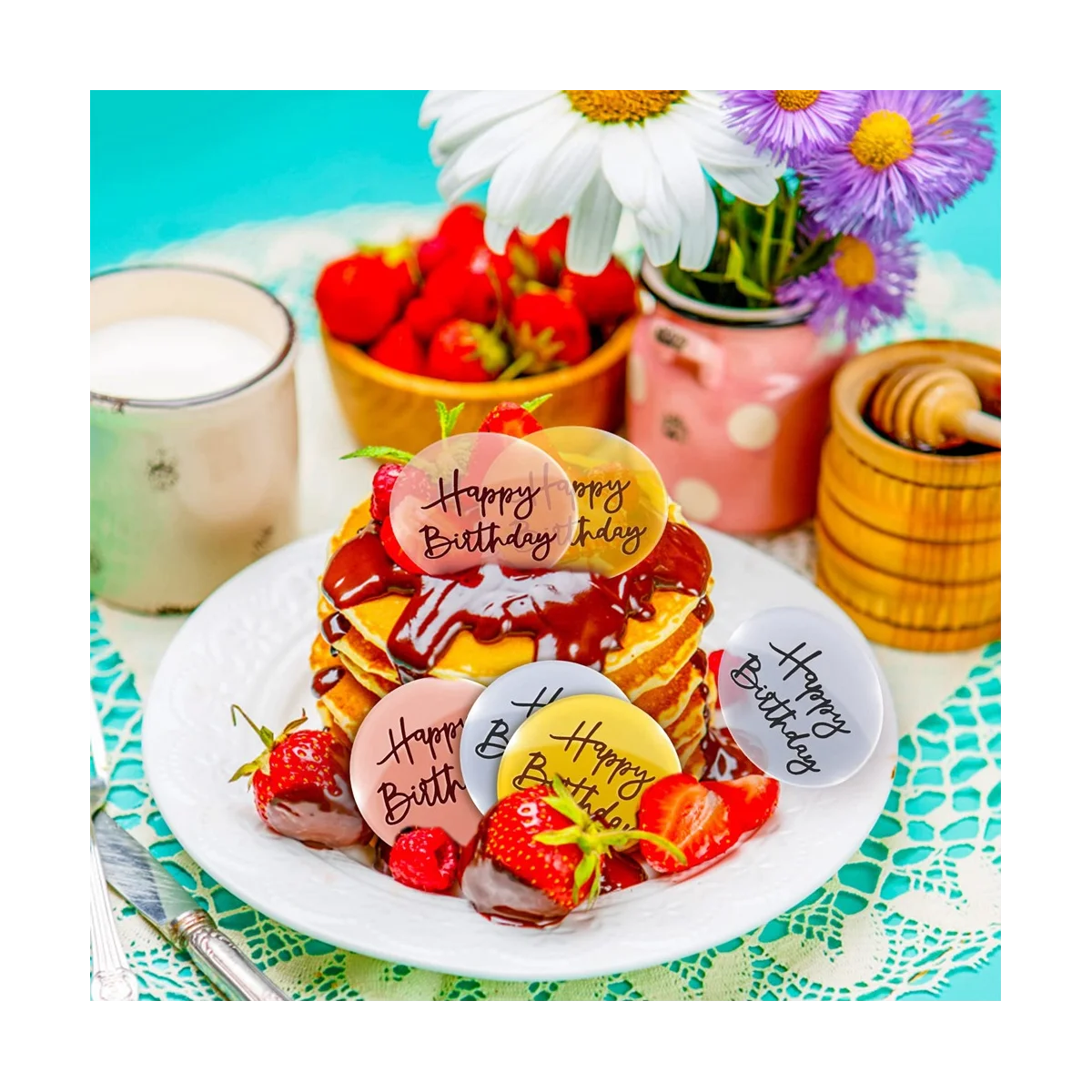 Toppers de gâteau en acrylique joyeux anniversaire, mini disque rond gravé, décoration de gâteau Chi bricolage, miroir, 24 pièces
