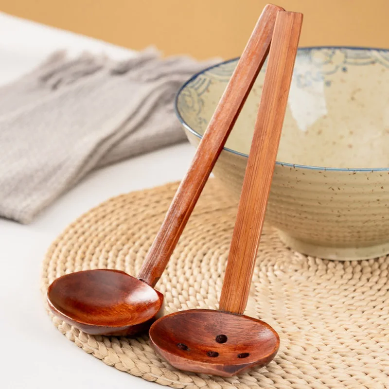 Japanese Spoon Long-Handled Soup Bamboo Spoon Cooking Wooden Lamian Noodles Spoon Hot Pot Strainer Household Kitchen Accessories