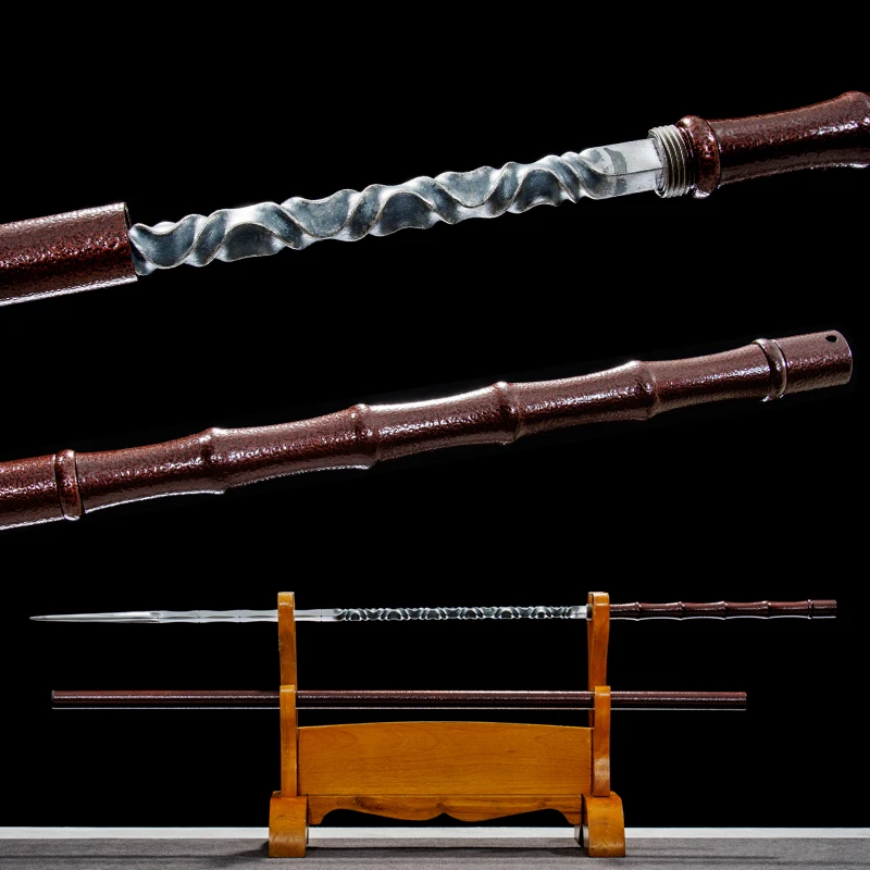 Image of 101cm Vollmetall Chinesisches Stab-Schwert aus Kohlenstoffstahl, echter Full-Tang Cosplay Katana Gehstock-Schwert, Rote Flamme Katana, Heimdekoration