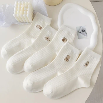 5 pares meias femininas de pescoço redondo alta qualidade outono inverno bonito dos desenhos animados respirável moda meias femininas macio médio tubo aocks