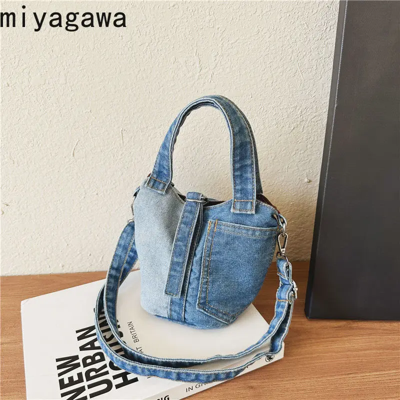 Miyagawa Versatile Denim Casual Vegetable Bucket Bag Niche Design New Korean Version Color Blocking One Shoulder Crossbody Bags