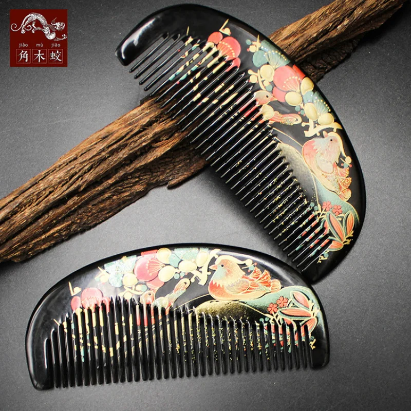 Hand-painted lacquer art comb made from buffalo horn, new model