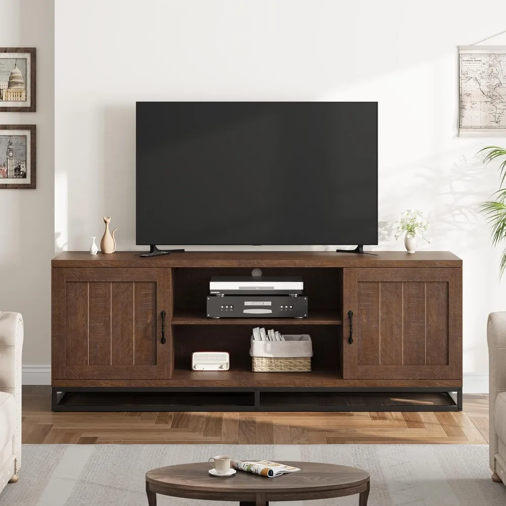 

Farmhouse TV Stand for Living Room, Entertainment Center with 2-Tier Adjustable Shelves & Metal Leg, Wooden TV & Media