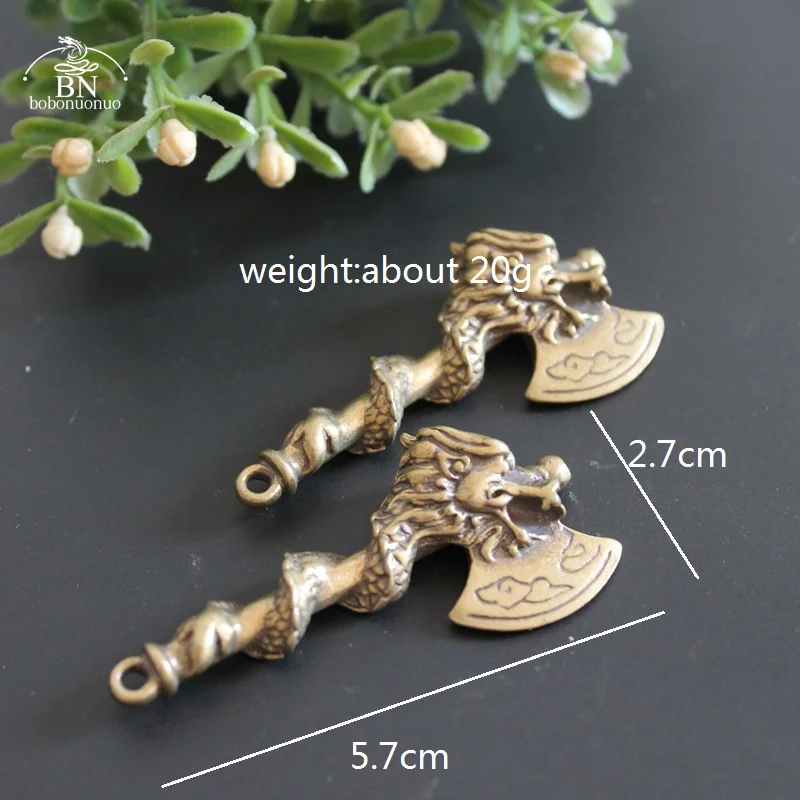 Antique Copper Chinese Ancient Dragon Head Axe Artifact Blessing Feng Shui Ornament Brass Figurines Desk Decoration Keychain Pen