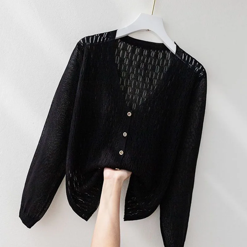 V-neck Long-sleeved Ice Silk Cardigan Sun protection Clothing women Loose Summer New Thin Knitwear Sweater Top Female Knitwear