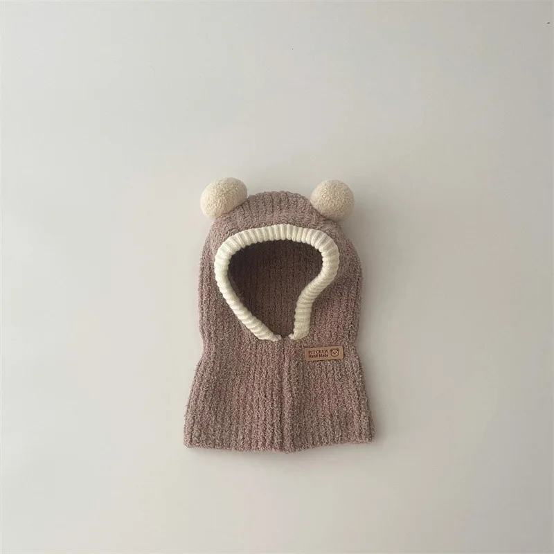 Baby Hood One Piece Scarf Cap Winter Warm Knitted Ear Protection Balaclava Hat Solid Color Windproof Infant Headgear Bonnet