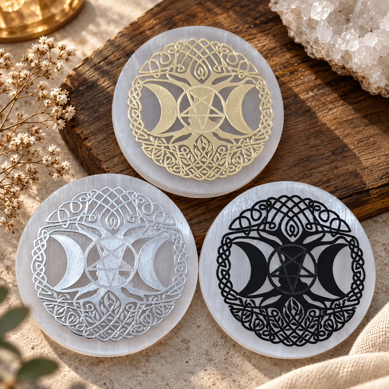 6cm Selenite Charging Plate with Triple Moon Tree of Life Pentacle Symbol, Natural Selenite Round Stone for Home Decor