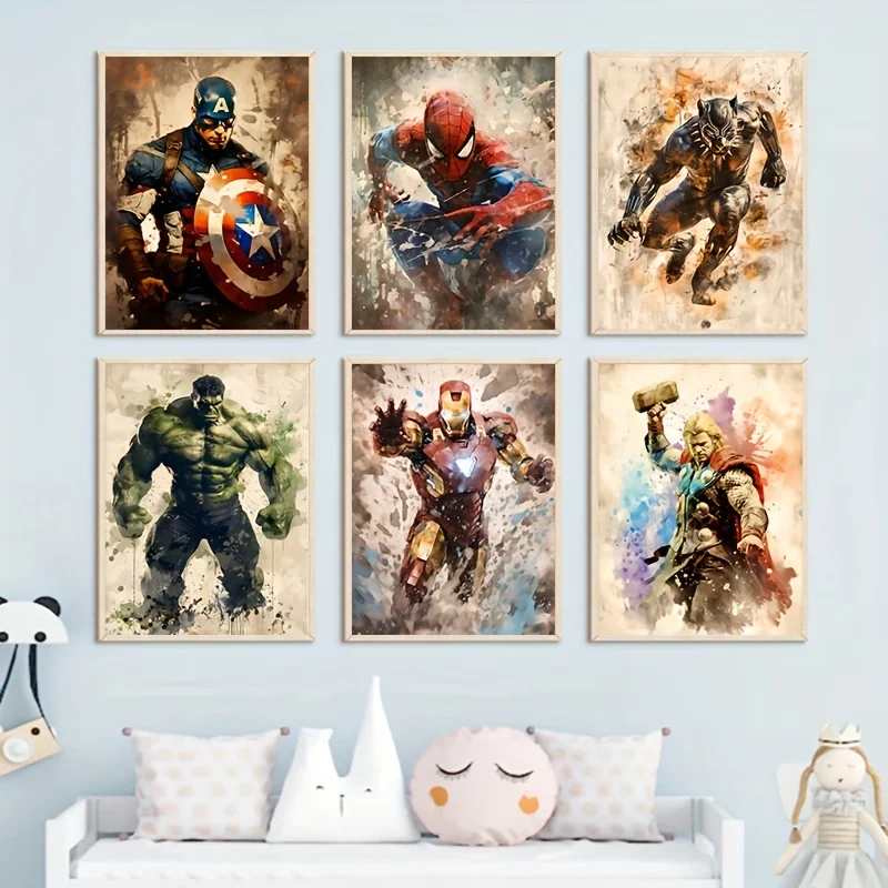 6Pcs Miniso Disney Spiderman Iron Man Hulk Poster and Prints Canvas Paintings Living Room Decor Wall Art  Home Decor