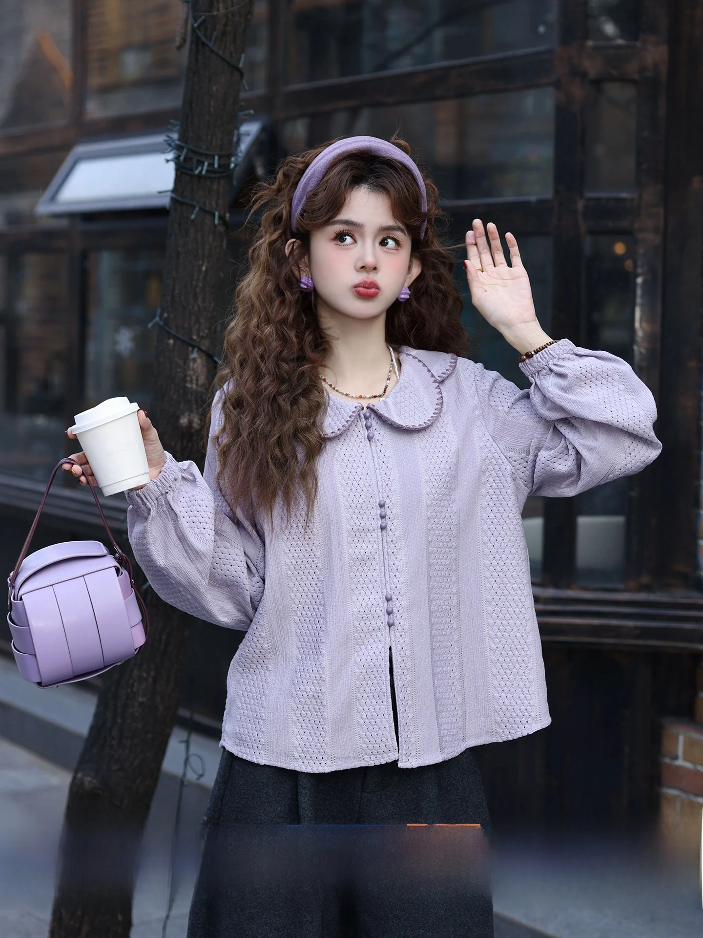 

Long Sleeve Thickened Doll Collar Patchwork Unique Beautiful Mijiajie Dingxiang Lane Women's Shirt Retro Style Pure Color Pol...