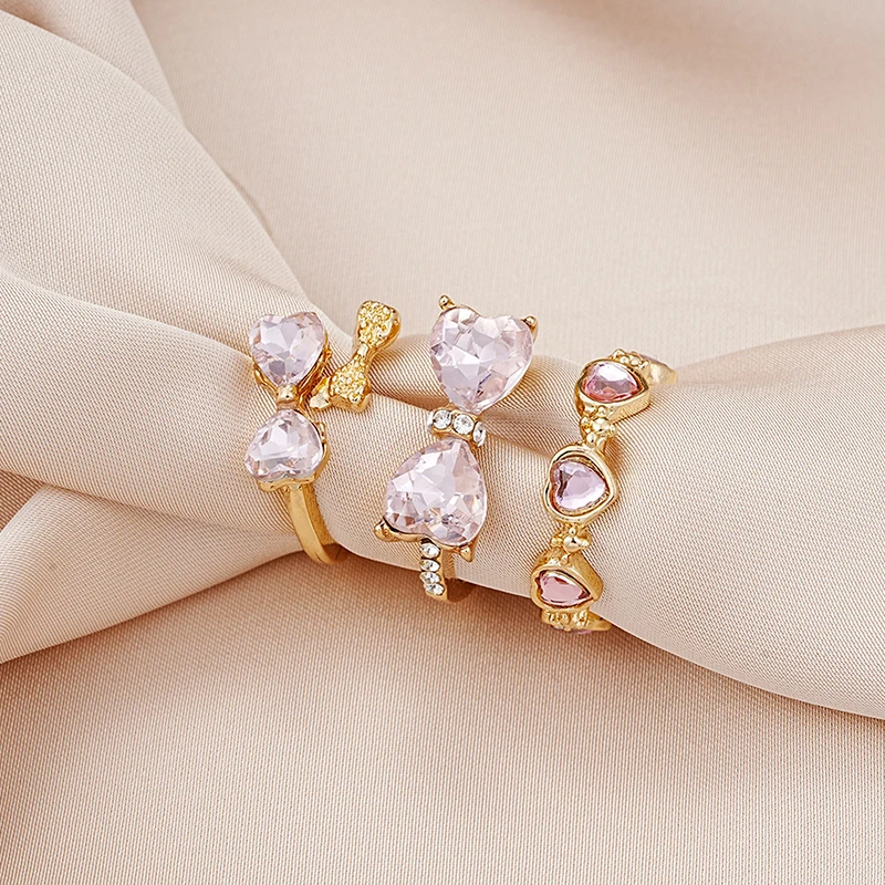 Vintage Y2K Pink Heart Zircon Bowknot Ring For Women Fashion Boho Kpop Sweet Girls Open Finger Rings New Party Gift Jewelry