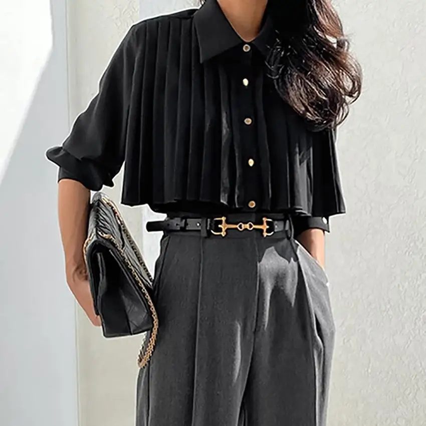

Spring Pleated White Shirt Women's Elegant Long Sleeve Chiffon Commute Professional Women's Fashion Casual Business Shirt
