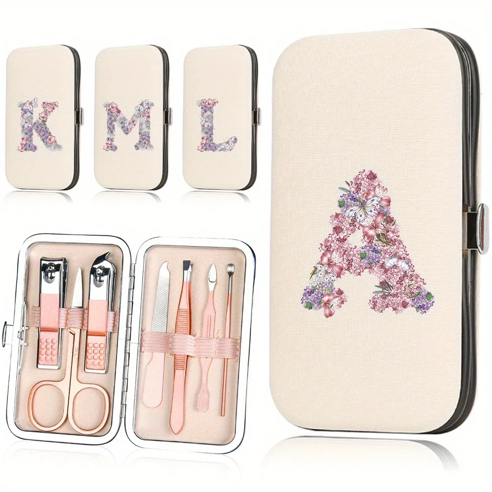

Elegant Floral Design 26-Letter Initials Portable Stainless Steel Nail Care Kit Storage Case Straight Edge Nail Care Essentials