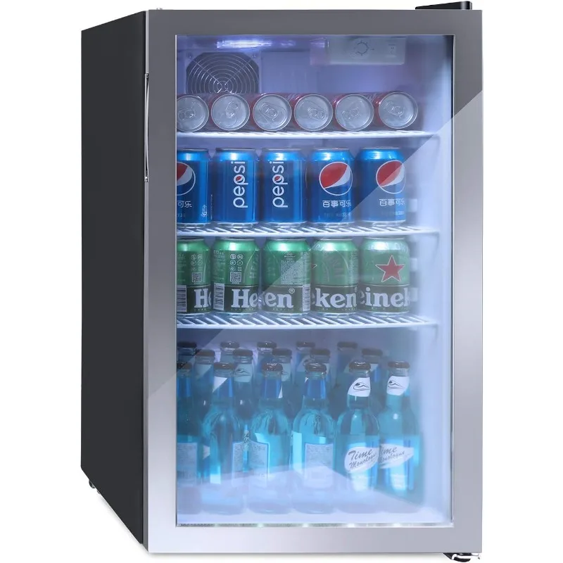 Mini Fridge Cooler with Glass, 100 Can Beverage Refrigerator with Reversible Door for Beer Soda or Wine