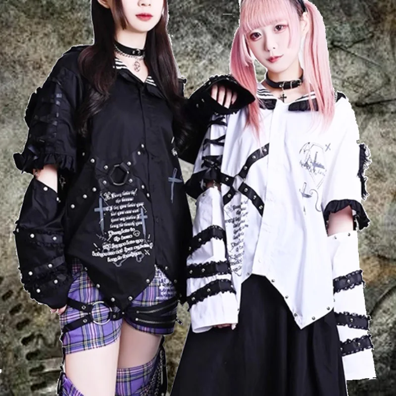 

2024 Y2k Ремешок-цепочка Kill Matt Rock Punk Одежда Японская Корея Граффити Череп Женская рубашка топ с галстуком Мужская рубашка топ