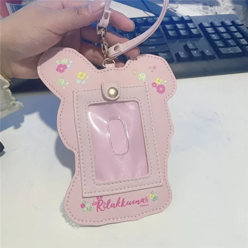 Rilakkuma ID Card Holder for Women Girl Embroidery Plush Leather Card Case Cover Cardholder Kawaii Cute Bag Keychain