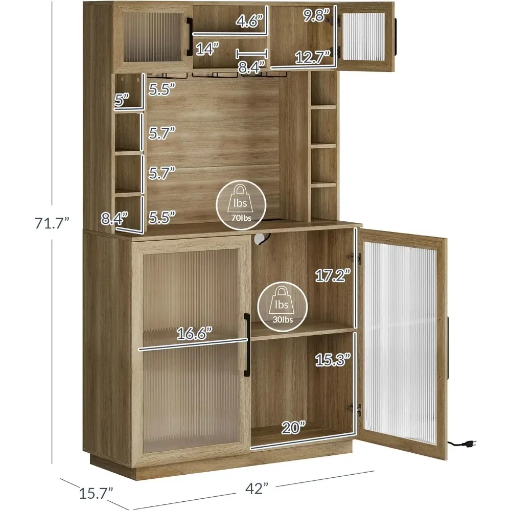 Armoire de bar à café et à vin avec prise de courant, 72 po, français rustique ou armoire, grande armoire de planche cannelée