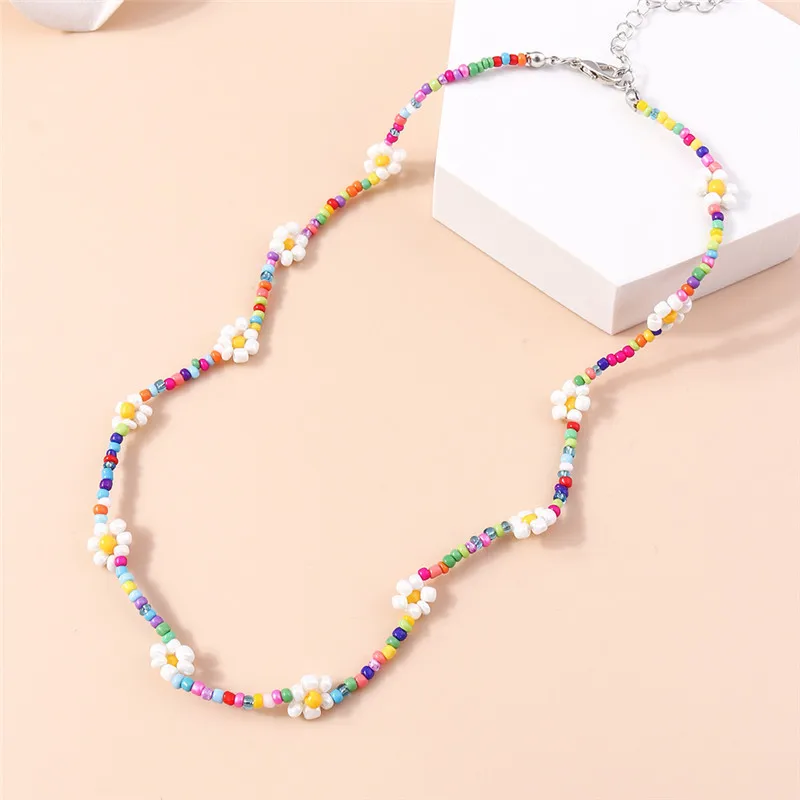 Aihua Bohemia Colorful Seed Bead Flowers Necklace For Women Kids Friendship Necklace Ethnic Beach Party Gifts