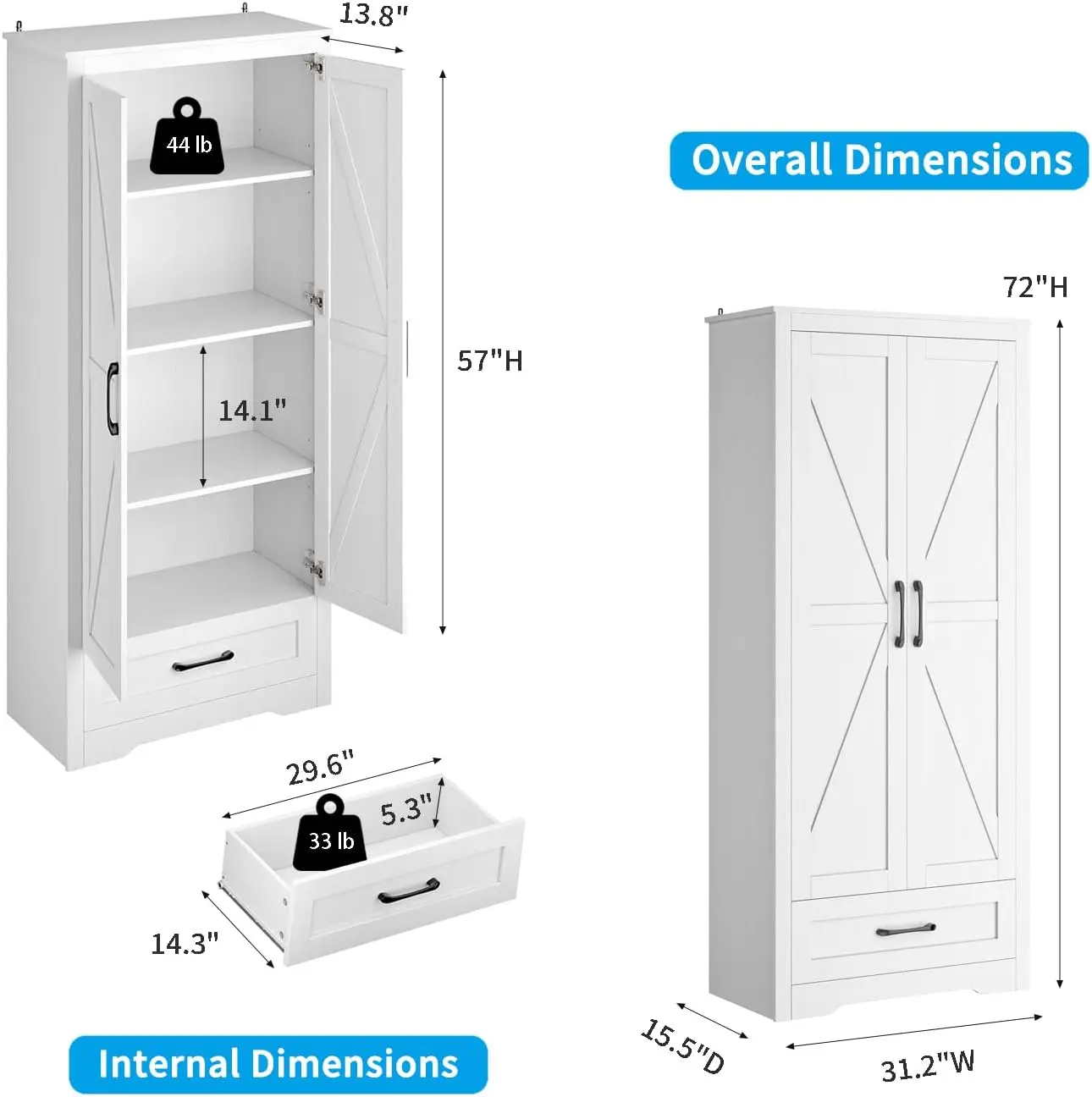 Farmhouse kabinet dapur dapur, kabinet penyimpanan tinggi-72 "dengan pintu gudang & rak & laci dapat disesuaikan, kabinet putih