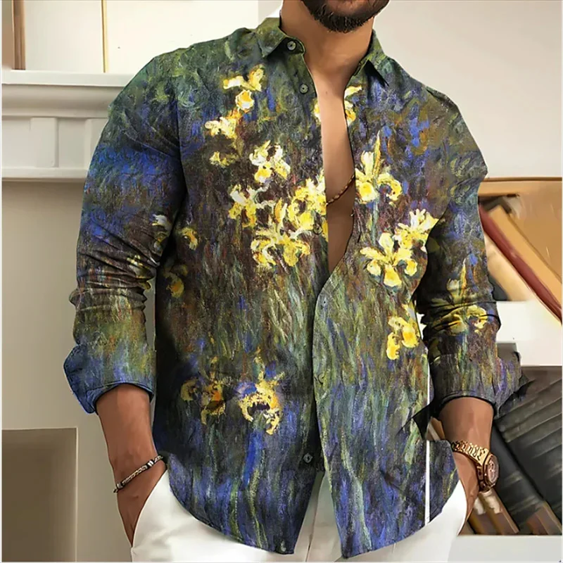 Camisa havaiana com estampa floral vintage masculina, camisas Aloha estampadas em 3D, moda casual solta manga longa lapela tops, blusa