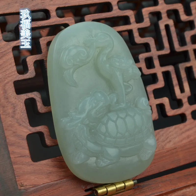 Qifu Meiyu Hotian Greenish White Turtle Same Life Jade Pendant Real Shot Crane