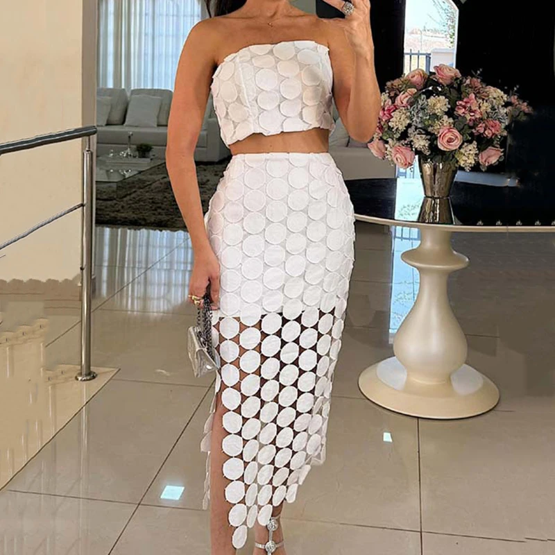 Women Elegant Hollow Out Holiday Outfits 2024 Fashion Solid Slim 2Pc Suits Sexy Off Shoulder Strapless Top & Hip Wrap Skirt Set