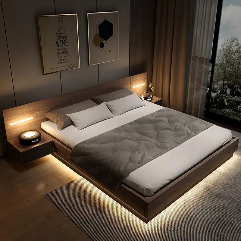 

Save Space Bedroom Multifunction Storage Wooden Full Size Designs Box Wood Furniture Simple Light Modern Frame Led House Bed