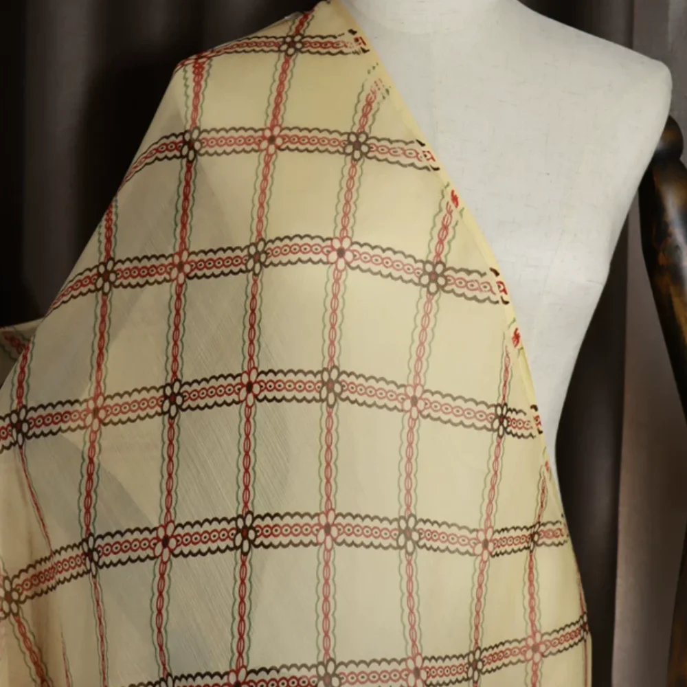 Modern Check Geometry Yellow Cute Pure 100% Silk Crinkle Georgette Chiffon Fabric for Lady Girl Summer Clothes Dress Kimono