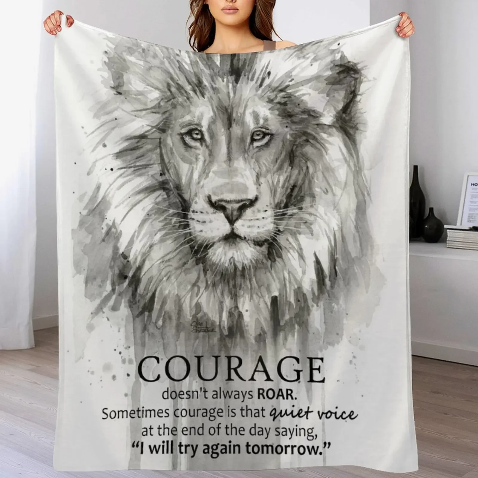 Courage Quote Lion Motivational Watercolor Throw Blanket Easy Care Comfortable Blanket for Couch