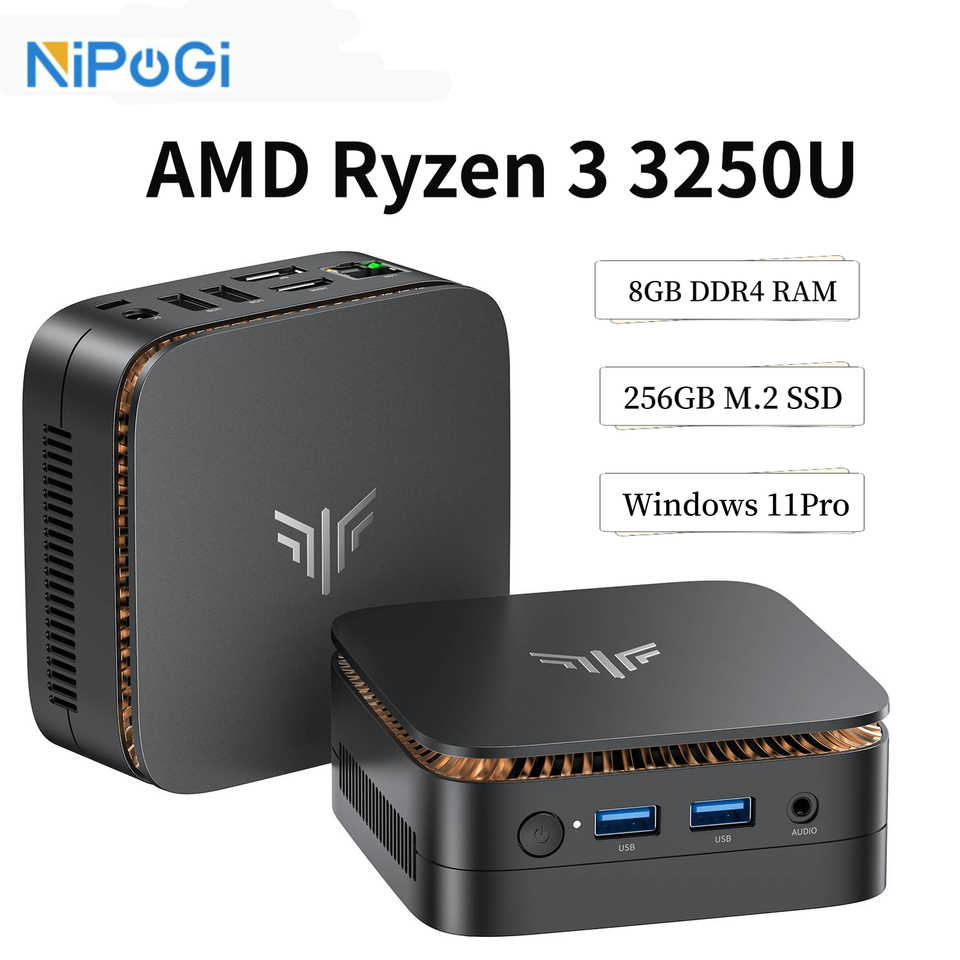  NIPOGI Mini PC AMD Ryzen 3 3250U Desktop Mini Computers 8GB RAM 256GB M.2 SSD WiFi 5, BT 4.2,DUAL 4K Display Windows 11 Pro 