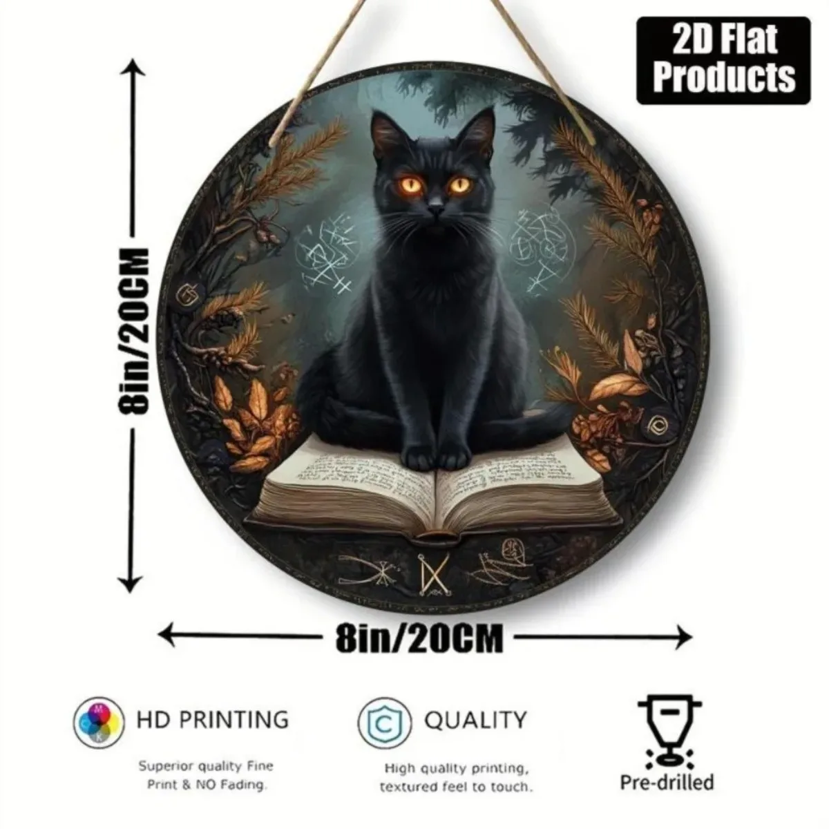عنوان التجارة الإلكترونية: Universal Cat Round Wall Art - طباعة ثنائية الأبعاد لموضوع القطة السوداء، لا حاجة إلى طاقة، هدية العيد للمنزل