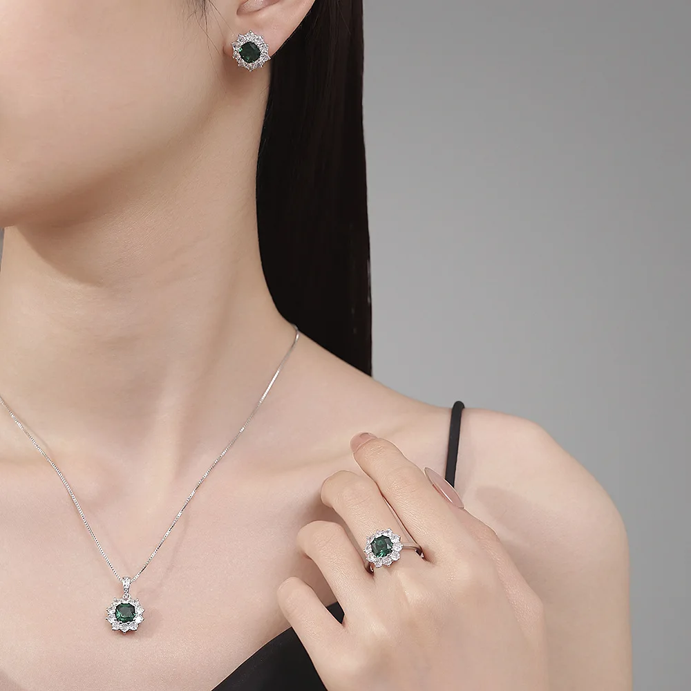 Cushion Cut Green Simulated Nano Emerald 925 Sterling Silver Flower Stud Earring for Women Gemstone Jewelry Brincos de Prata