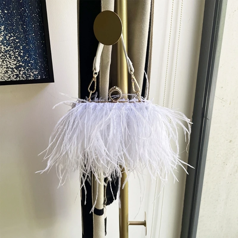 Luxury Ostrich Feather Evening Clutch Bag Women Banquet Wedding Handbag Purse Female Elegant Party Chain Crossbody Shoulder Bag