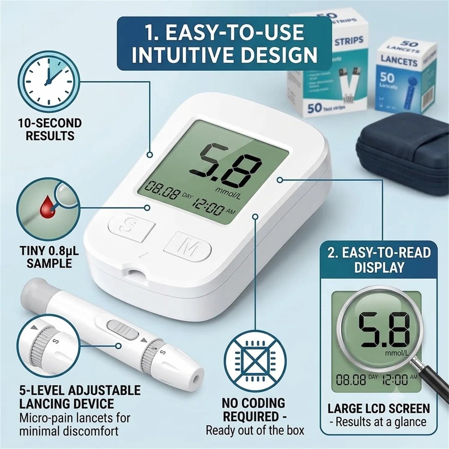Kit de gestion du diabète, kit de test de glycémie, ensemble complet comprenant 50 bandelettes de test et lancettes