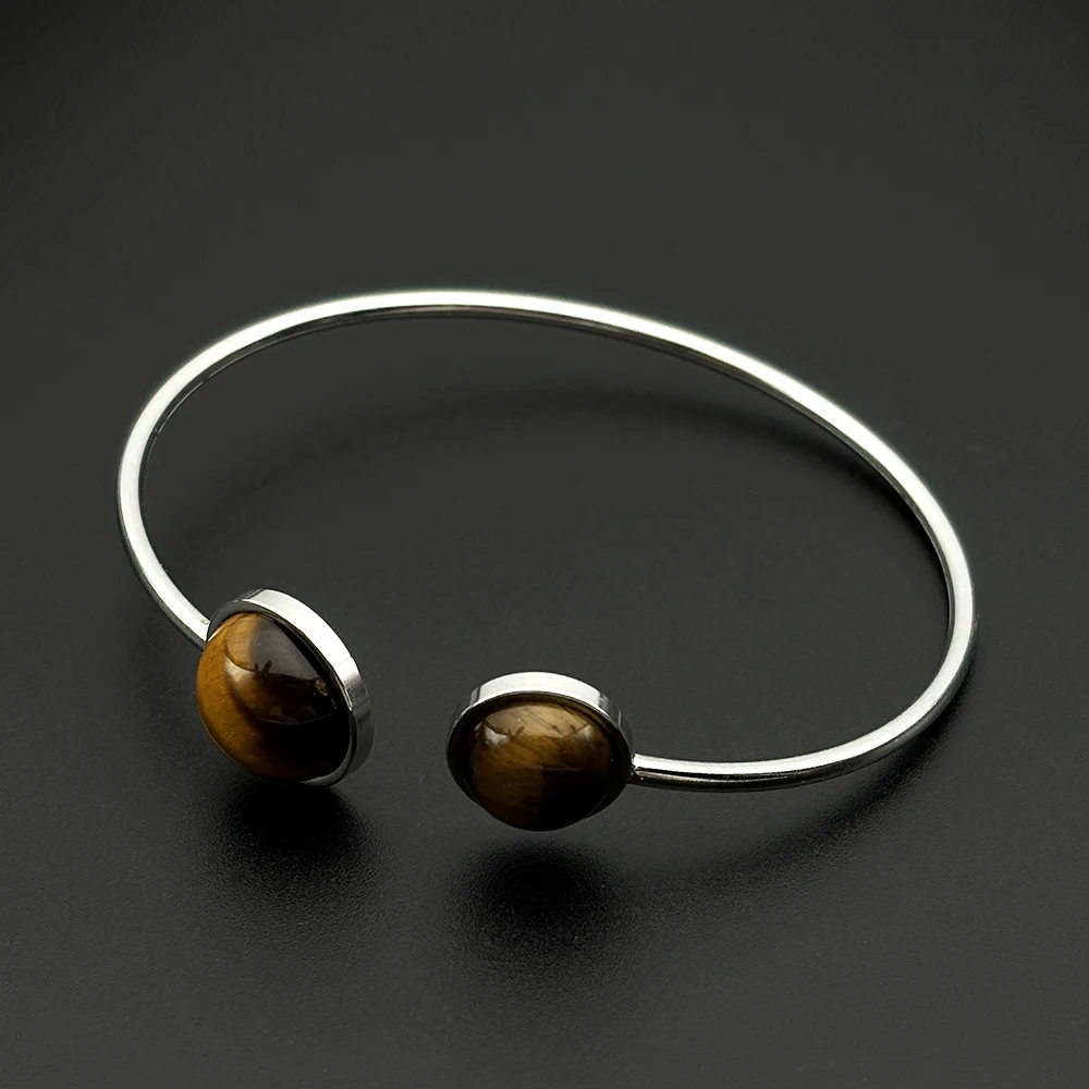 Minimalistischer Doppel-Tigerauge-Stein Offener Armreif für Damen, Edelstahl Natürliche Eleganz Damen-Armband Schmuck-Accessoire – Detail 8