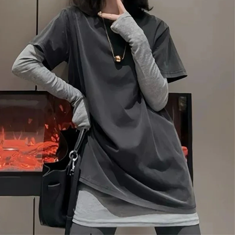 Autumn Fake Two Piece Women O Neck Long Sleeve T Shirts Spliced Hit Color Korean Fashion Casual All-match 2xl Oversized Tops Tee