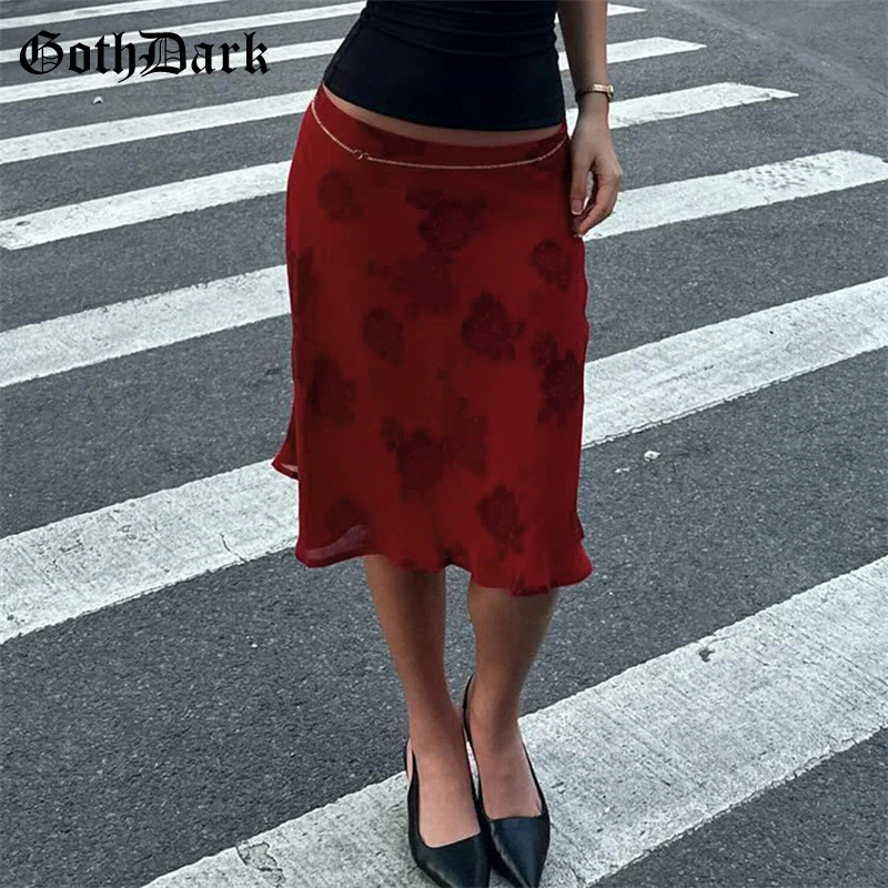 Goth Dark Y2K Aesthetics Florals Print Mid Skirts Women 90s Vintage Street Bottoms Harajuku Fashion Mesh Double Layer Skirt Slim