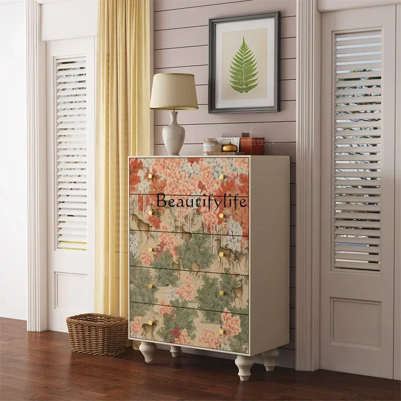 

French cream wind solid wood chest storage decorative cabinet free installationL