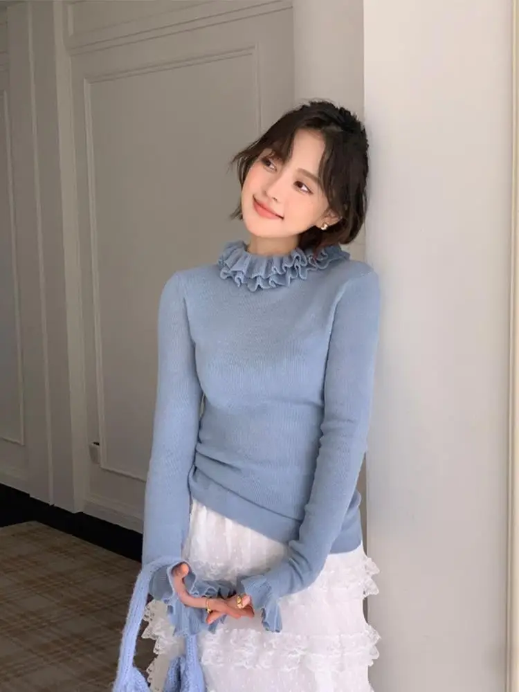 

Вязаный свитер с воротником-рюшами для женщин, облегающий, для ранней весны, базовый, для ношения под одеждой, модный дизайн