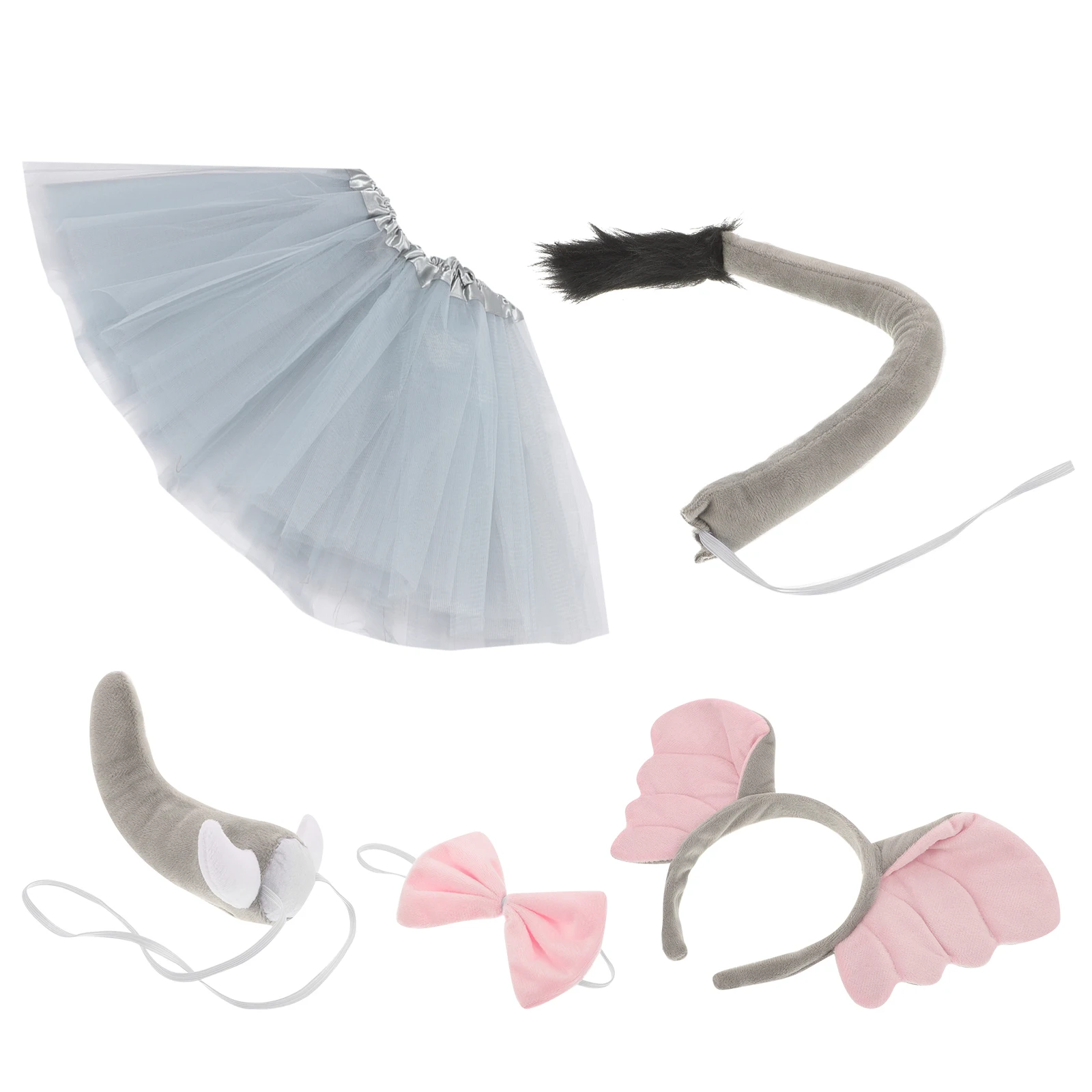

1 set Elephant Headdress Set Costume Ears Tail Gray Tulle Skirt Kids Adult Party Halloween Cosplay Animal Theme Lightweight