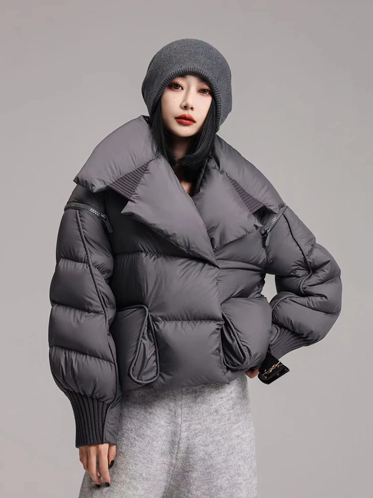 Winter Short Large Lapel Knitted Splicing Down Jacket Female Magnetic Snap Warm Outwear Women White Duck Down Parker Down Jacket
