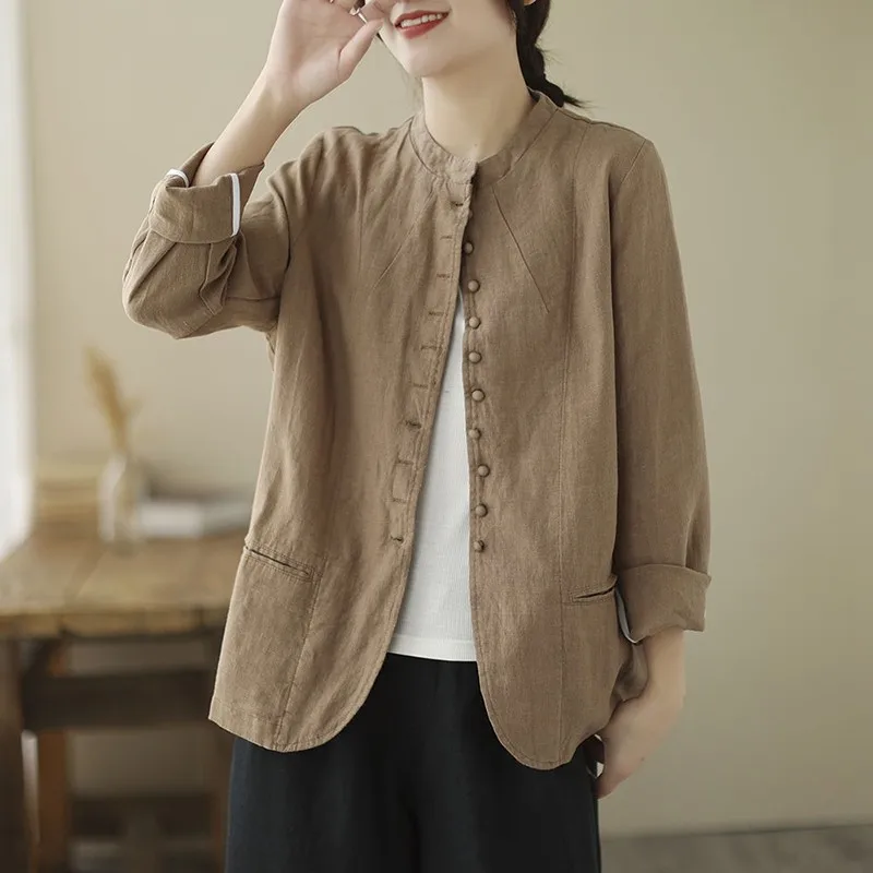 2023 New Arrival Spring Women Casual Loose O-neck Long Sleeve Outerwear & Coats  Single Breasted Cotton Linen Jackets Coat P653