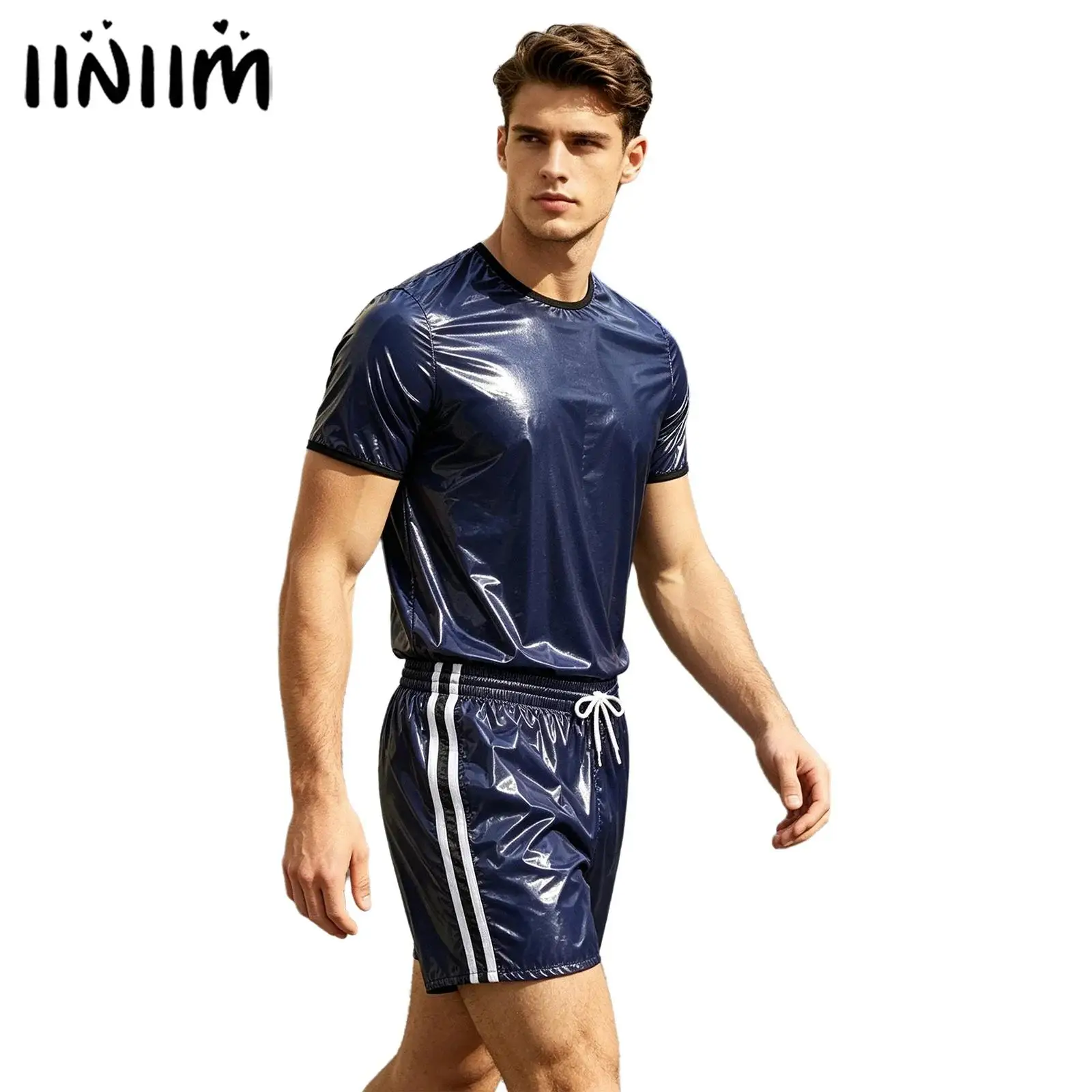 Mens Waterproof Vinyl Swimwear Set Swim Outfit Short Sleeve T-shirt Top And Built-in Briefs Boxer Shorts Two Pieces Swimsuit