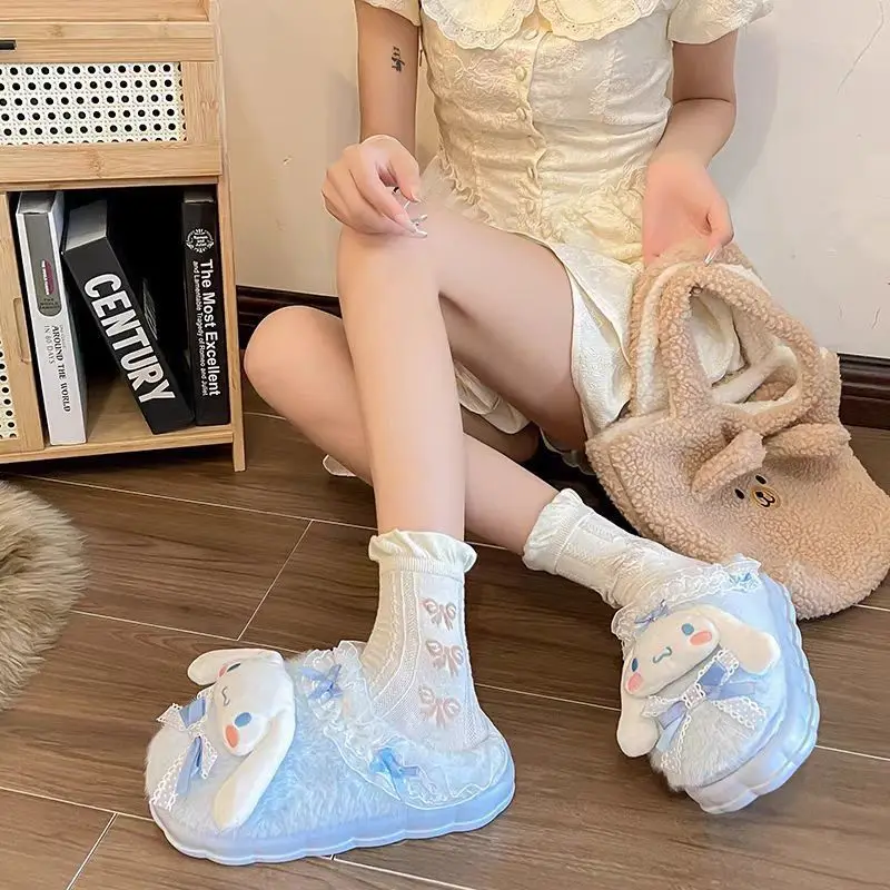 Sanrio Hello Kitty Kuromi Cinnamoroll Bawełniane Kapcie Kreskówkowe Śliczne Zimowe Domowe Kapcie na Grubej Podeszwie Utrzymujące Ciepło Bawełniane Buty