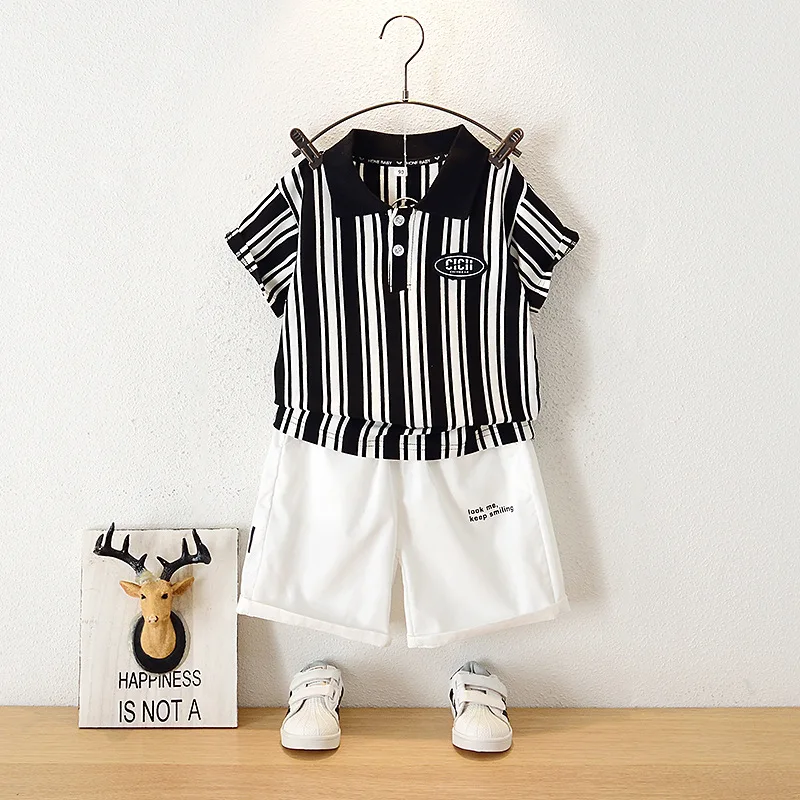 New Boys Clothes Cotton Summer Baby Suits For 2-12Years Korean Striped T-shirt+Balck Letter Skorts Clothing Sets